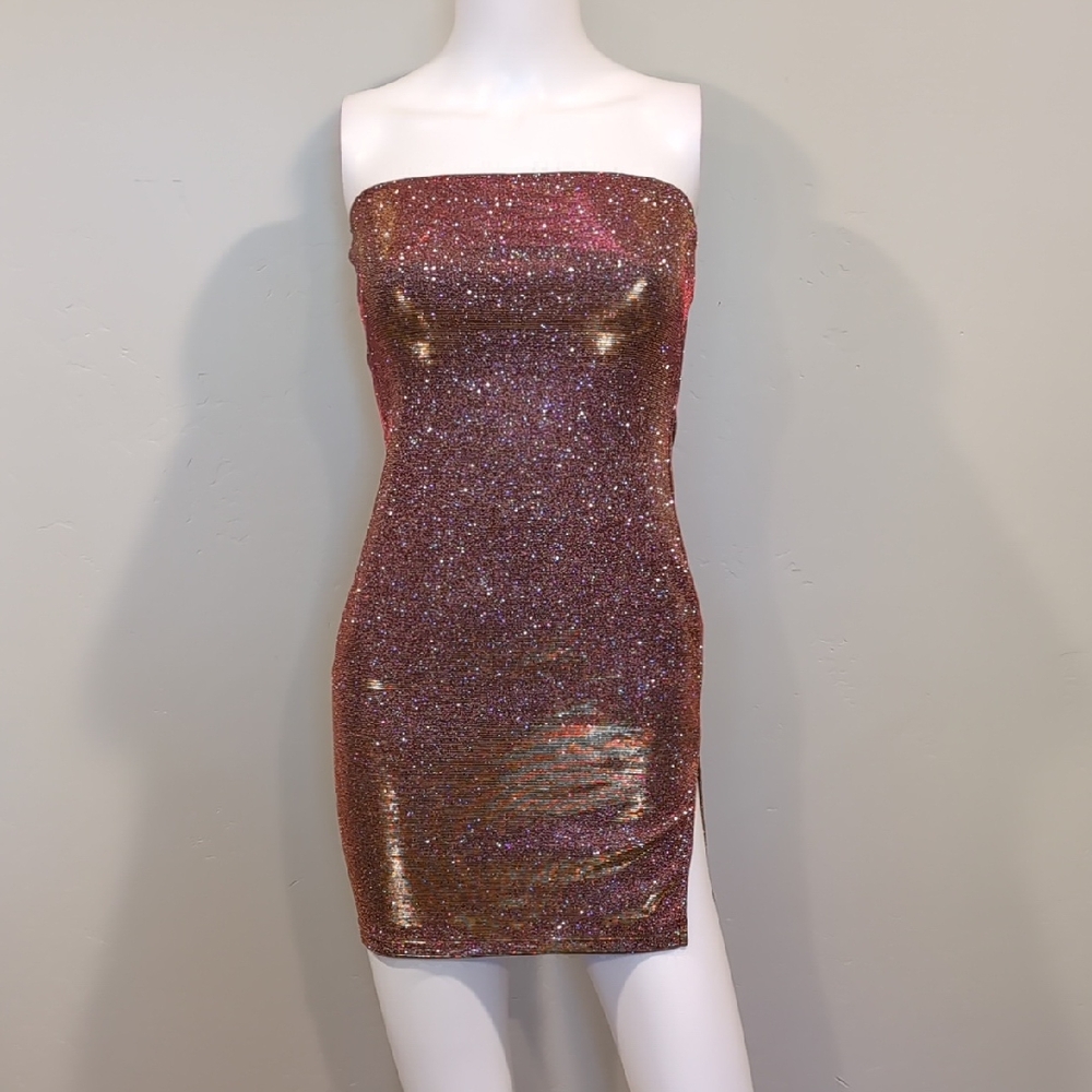 SHEIN Golden Copper Sparkly Strapless Bodycon Mini Party Dress With Slit Size XS